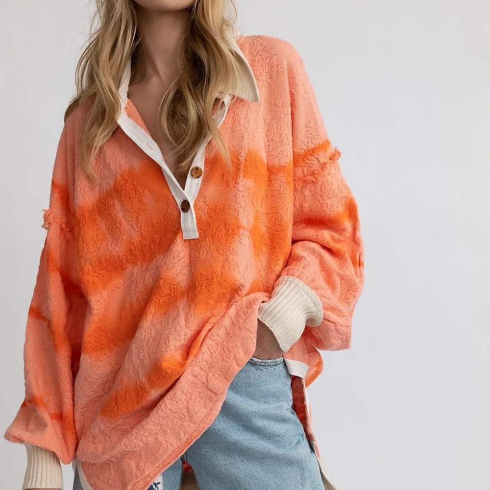 Free People Peachy Orange Knit Polo Pullover